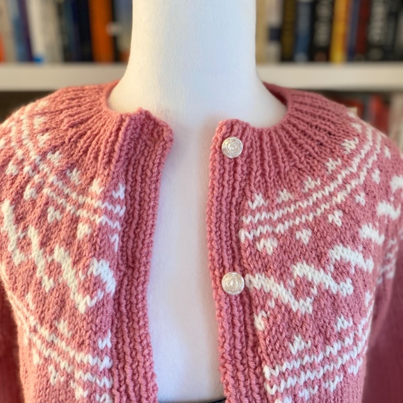 Vintage Pink and White Women's Cardigan Sweater - Picture 3 of 8